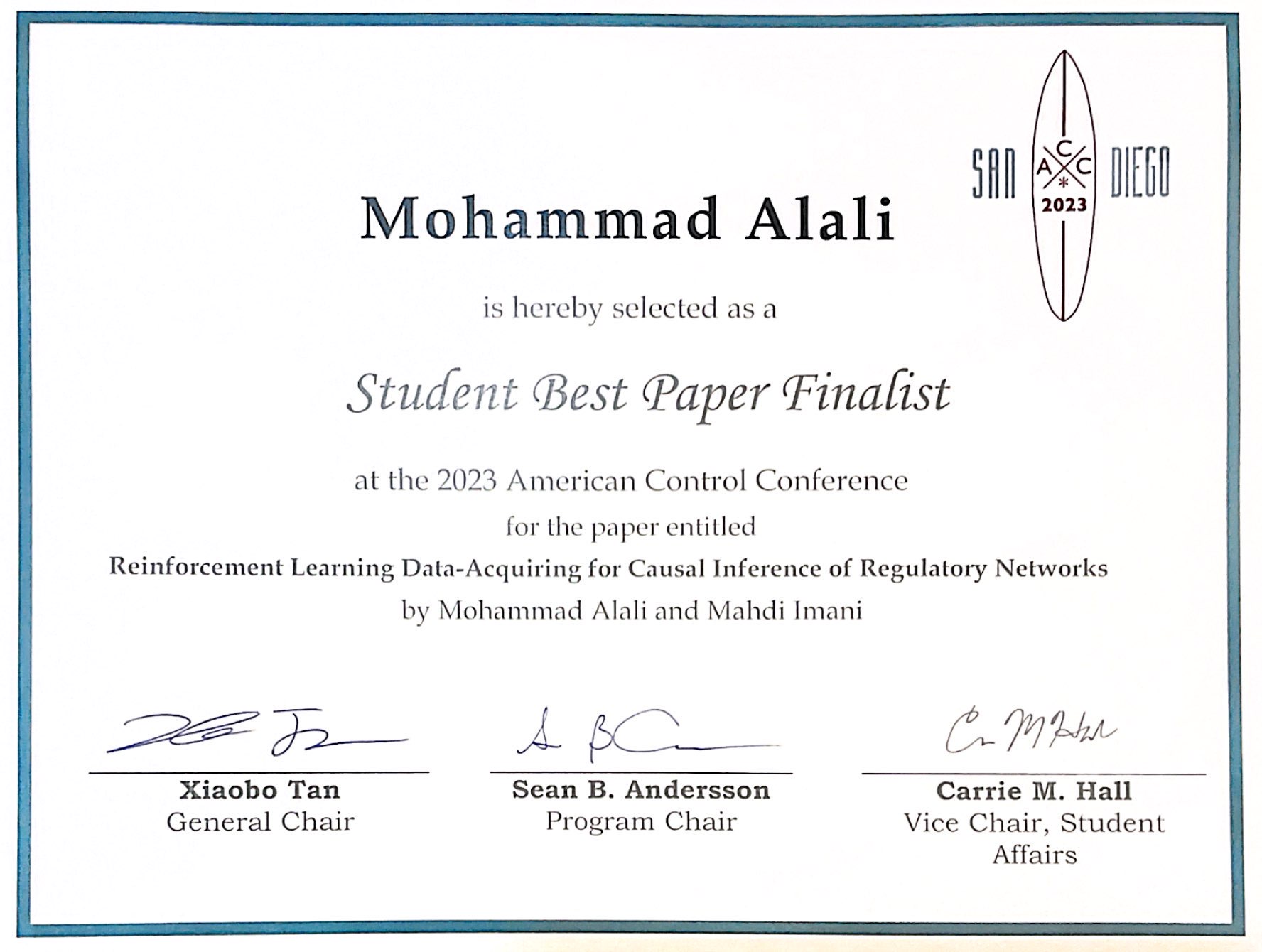 American Control Conference 2023 Best Paper Award Finalist Certificate