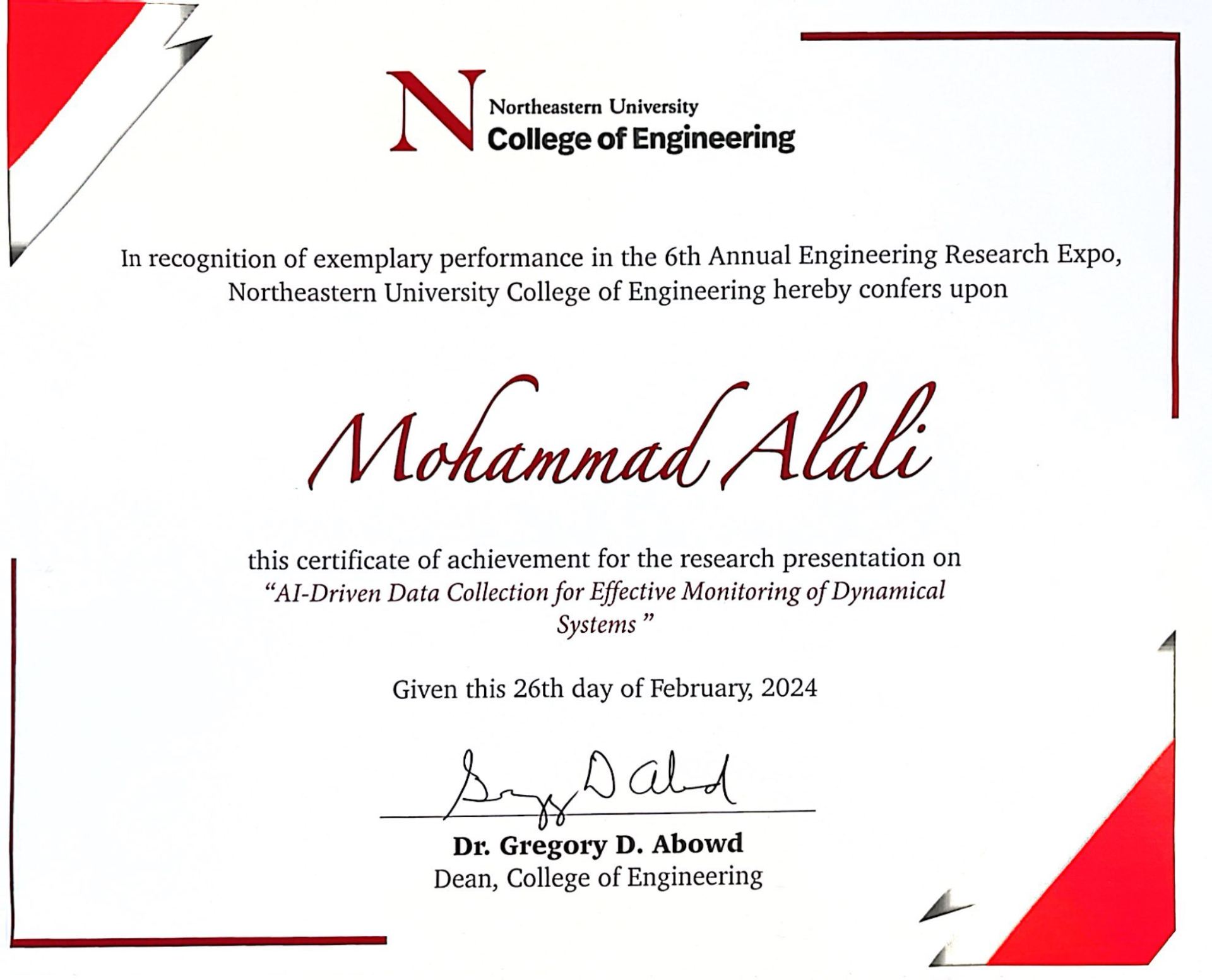 6th Annual Engineering Research Expo Audience Choice Award Certificate